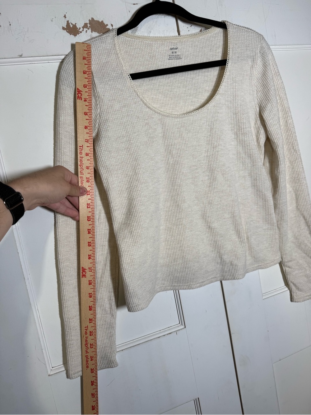 Aerie Waffle Knit Long Sleeve Tee Thermal Sz Medium Cream Lace Picot Scoop Neck - Picture 4 of 7